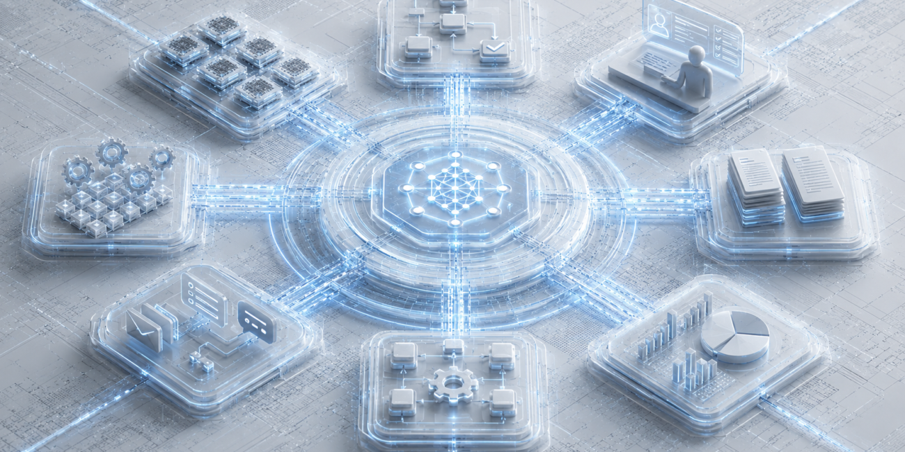 AI-assisted workflow system with connected operational processes.