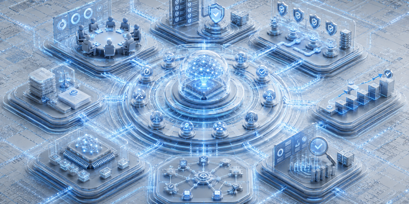 AI governance network with compliance, security, and modernization systems.