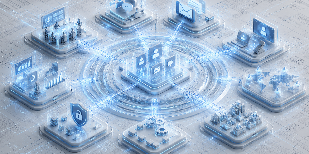 Connected communication systems with messaging, meetings, and digital channels.