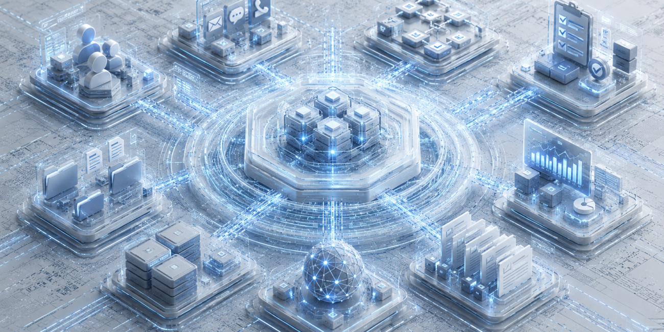 CRM and workflow integration network with connected business systems.