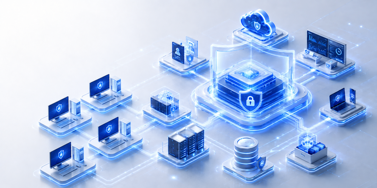 Cybersecurity and risk reduction graphic showing protected PCs, cloud systems, servers, and data infrastructure connected to a secure central network hub.