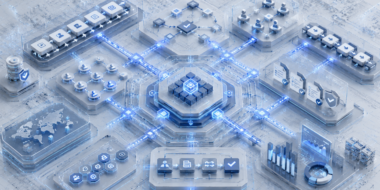 Connected workflow architecture with process, governance, and analytics systems.